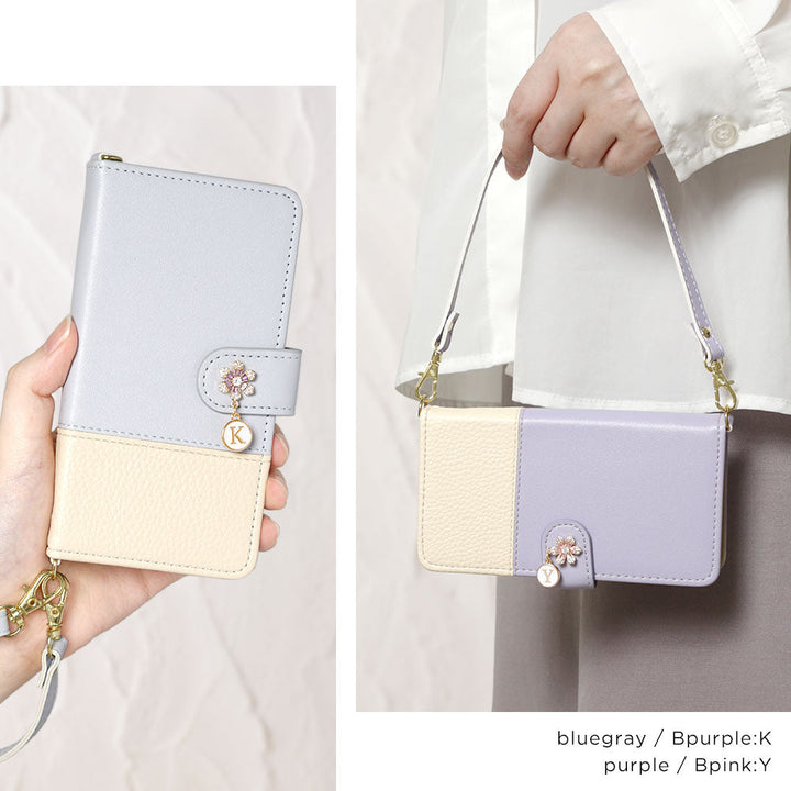 ヴィーガンレザー バイカラー フラワーイニシャルチャーム ストラップ付き 手帳型ケース（ベルトあり）