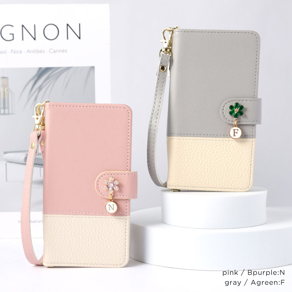 ヴィーガンレザー バイカラー フラワーイニシャルチャーム ストラップ付き 手帳型ケース（ベルトあり）