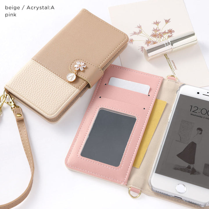 ヴィーガンレザー バイカラー フラワーイニシャルチャーム ストラップ付き 手帳型ケース（ベルトあり）