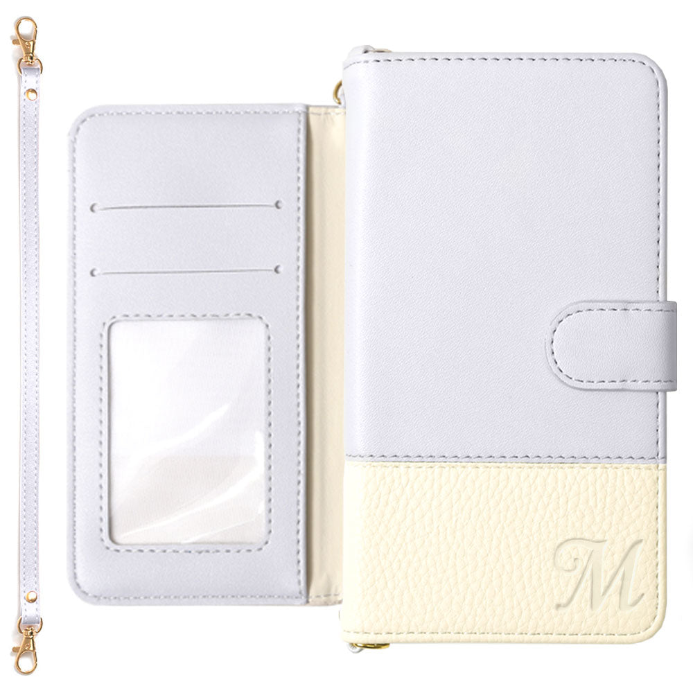 ヴィーガンレザー バイカラー イニシャル ストラップ付き 手帳型ケース（ベルトあり）