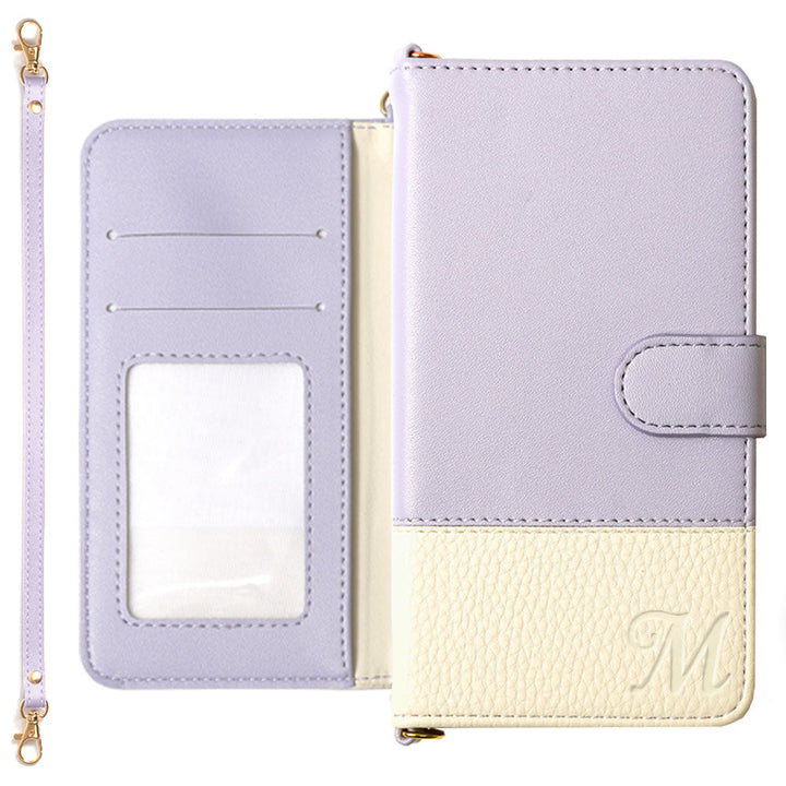 ヴィーガンレザー バイカラー イニシャル ストラップ付き 手帳型ケース（ベルトあり）