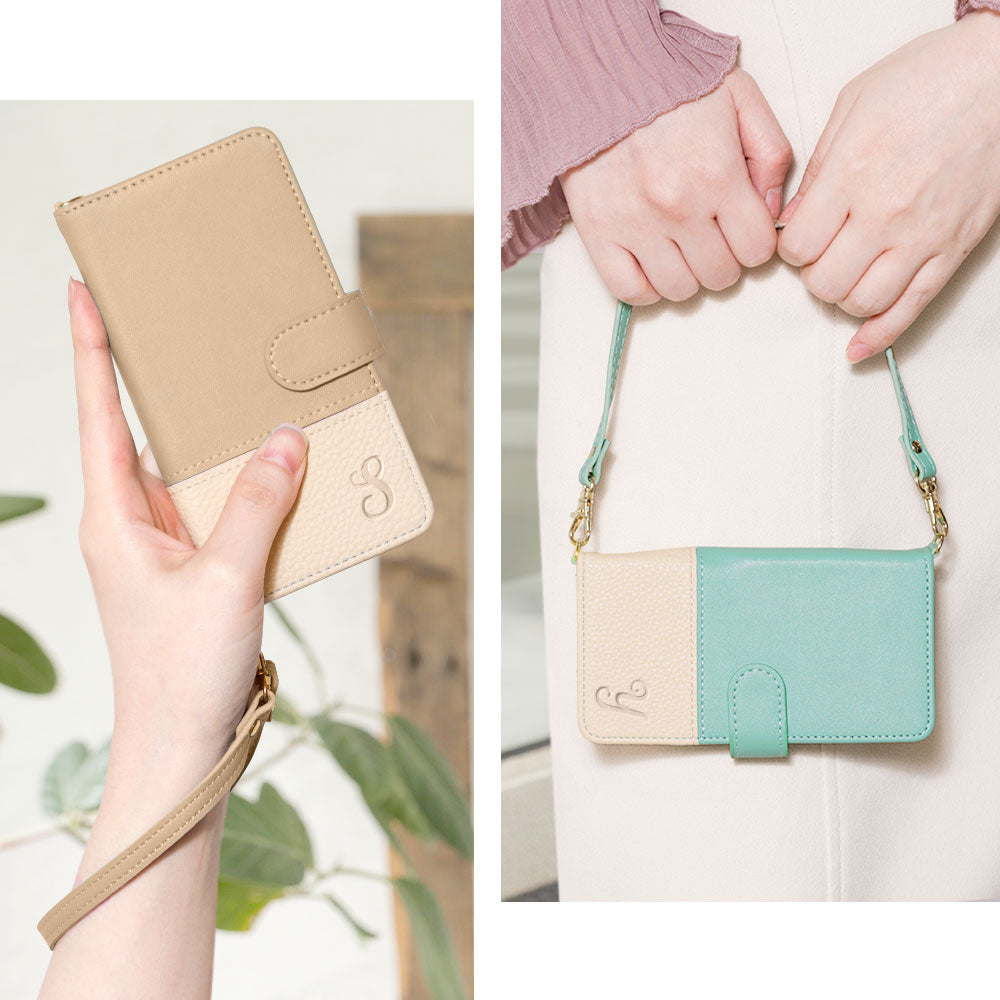 ヴィーガンレザー バイカラー イニシャル ストラップ付き 手帳型ケース（ベルトあり）