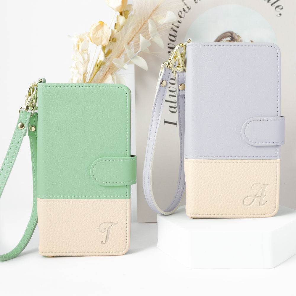 ヴィーガンレザー バイカラー イニシャル ストラップ付き 手帳型ケース（ベルトあり）