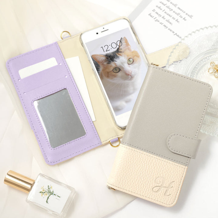 ヴィーガンレザー バイカラー イニシャル ストラップ付き 手帳型ケース（ベルトあり）