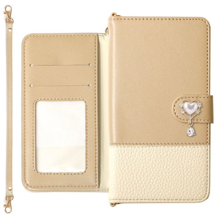 Étui portefeuille avec sangle et décoration cœur bicolore en cuir végan (avec ceinture) pour la série Google Pixel