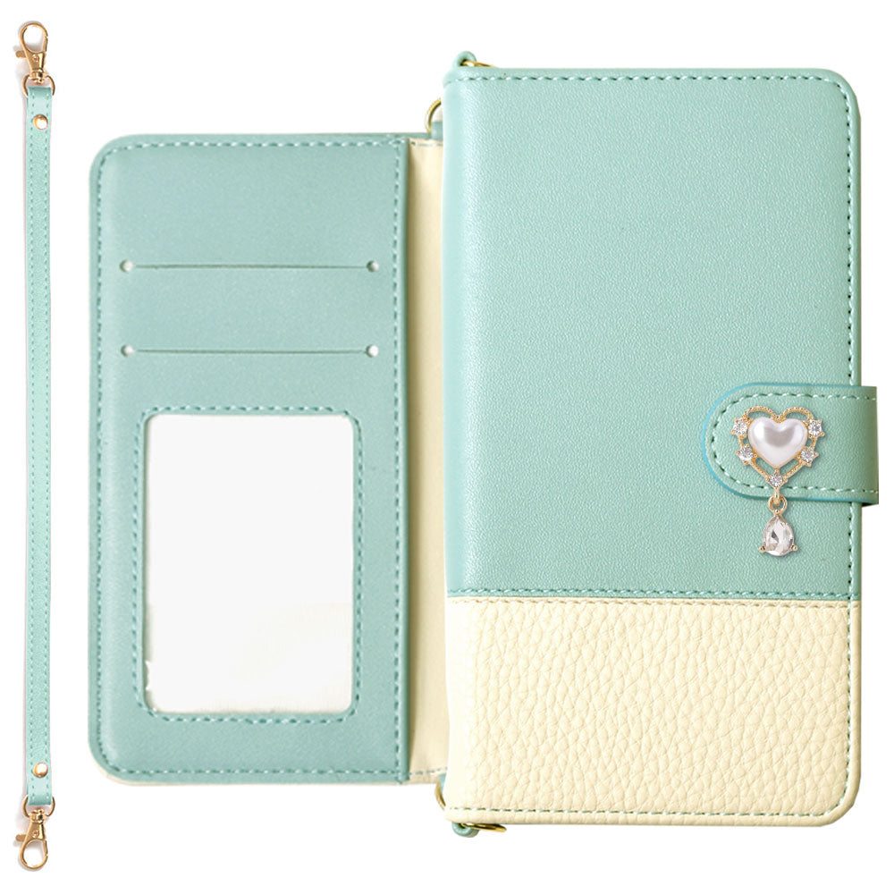 Vegan leather bicolor heart deco strap-attached notebook-style case (with belt) Galaxy series