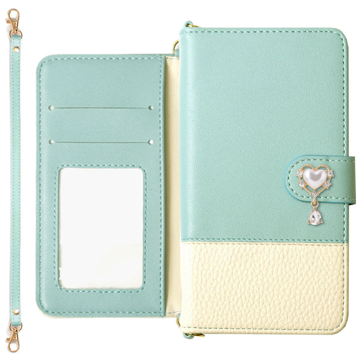 Vegan leather bicolor heart deco strap-attached notebook-style case (with belt) Galaxy series