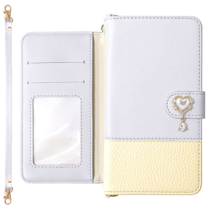 Étui portefeuille avec sangle et décoration cœur bicolore en cuir végan (avec ceinture) pour la série Google Pixel