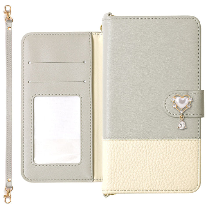 Étui portefeuille avec sangle et décoration cœur bicolore en cuir végan (avec ceinture) pour la série Google Pixel