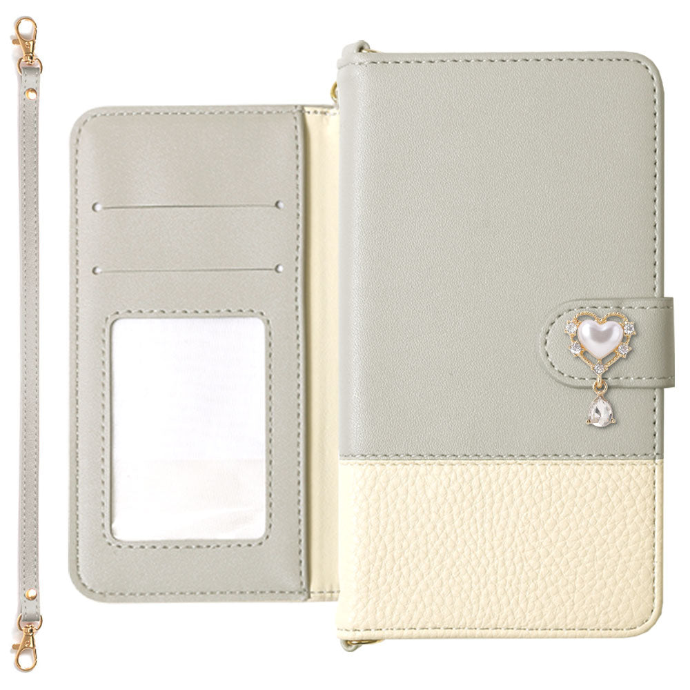 Vegan leather bicolor heart deco strap-attached notebook-style case (with belt) AQUOS series