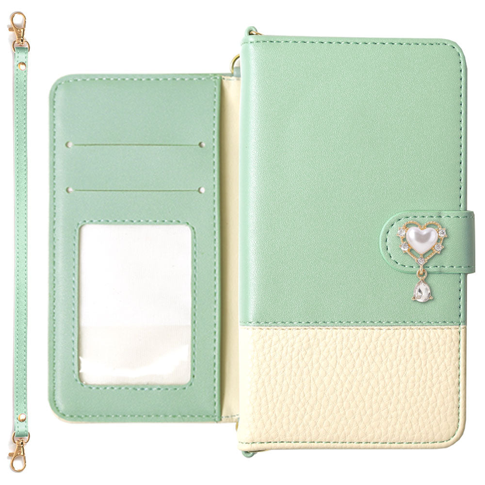 Vegan leather bicolor heart deco strap-attached notebook-style case (with belt) AQUOS series