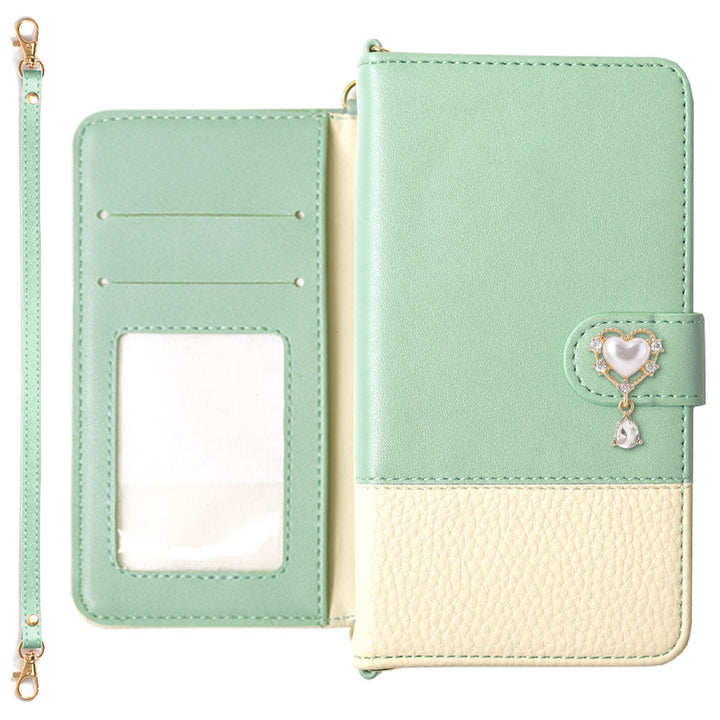 Vegan leather bicolor heart deco strap-attached notebook-style case (with belt) Galaxy series