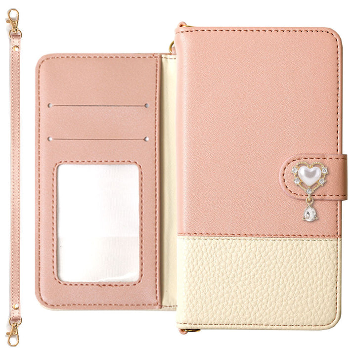 Vegan leather bicolor heart deco strap-attached notebook-style case (with belt) Xperia series