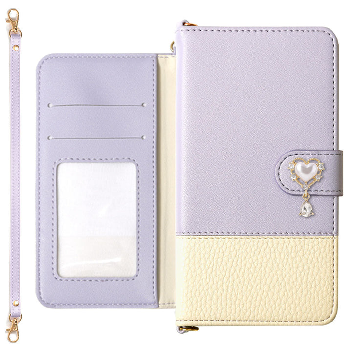 Vegan leather bicolor heart deco strap-attached notebook-style case (with belt) AQUOS series