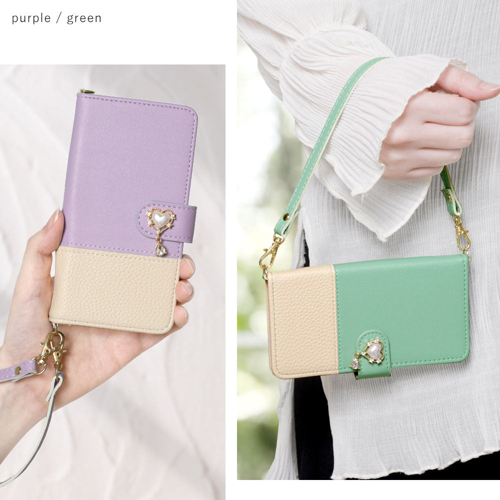 Vegan leather bicolor heart deco strap-attached notebook-style case (with belt) Galaxy series