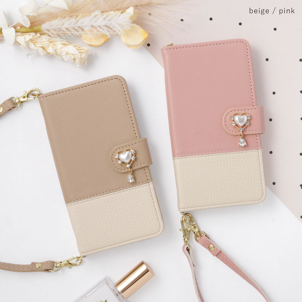 Vegan leather bicolor heart deco strap-attached notebook-style case (with belt) Galaxy series