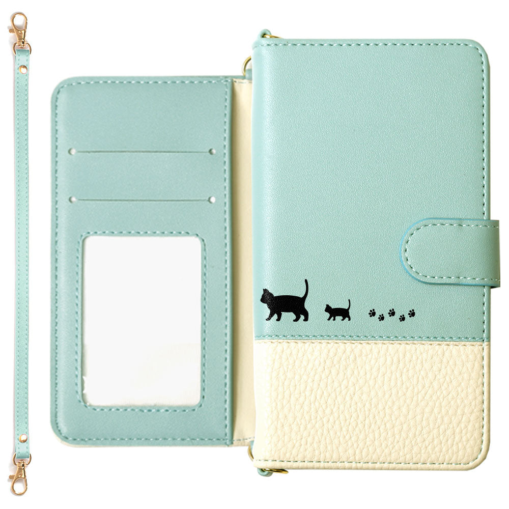 Vegan Leather Bicolor Strap Attached Printed Cat Wallet Case (With Belt) Galaxy Series