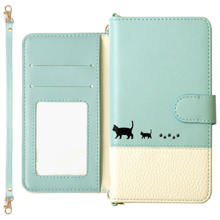Vegan Leather Bicolor Strap Attached Printed Cat Wallet Case (With Belt) Galaxy Series
