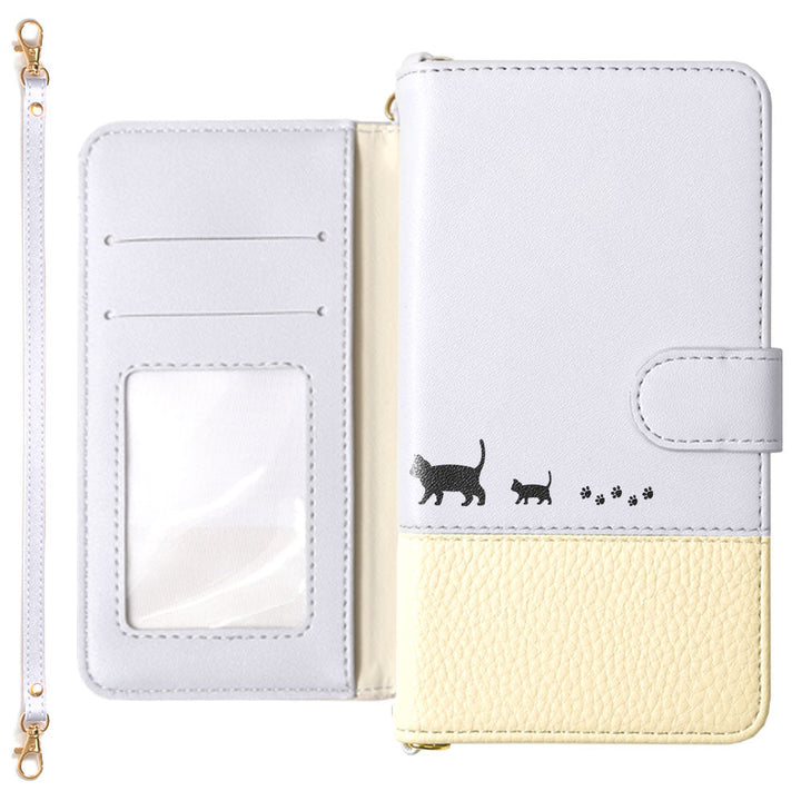 Vegan leather bicolor strap-attached printed cat wallet case (with belt) AQUOS series