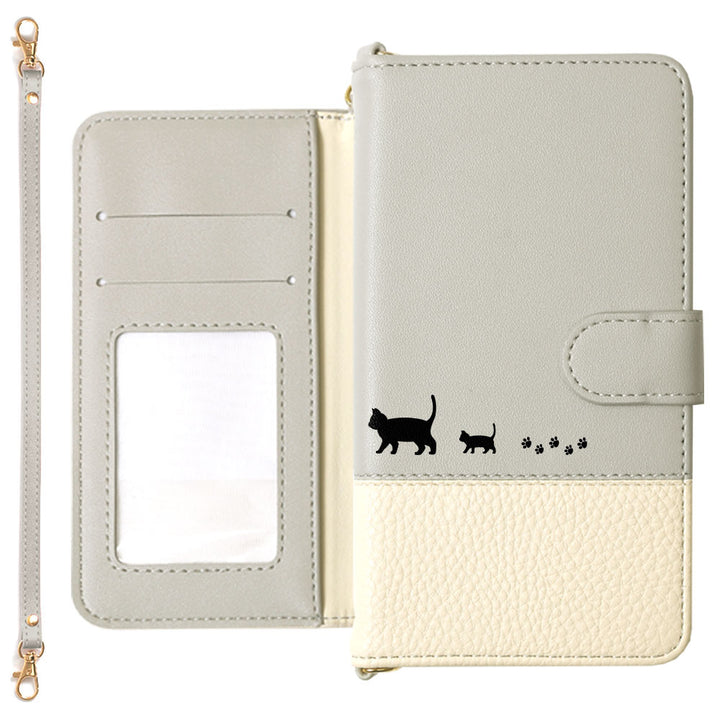ヴィーガンレザー バイカラー ストラップ付き プリントキャット 手帳型ケース（ベルトあり）