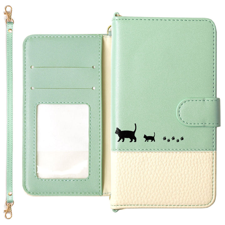 Vegan Leather Bicolor Strap Attached Printed Cat Wallet Case (With Belt) Galaxy Series