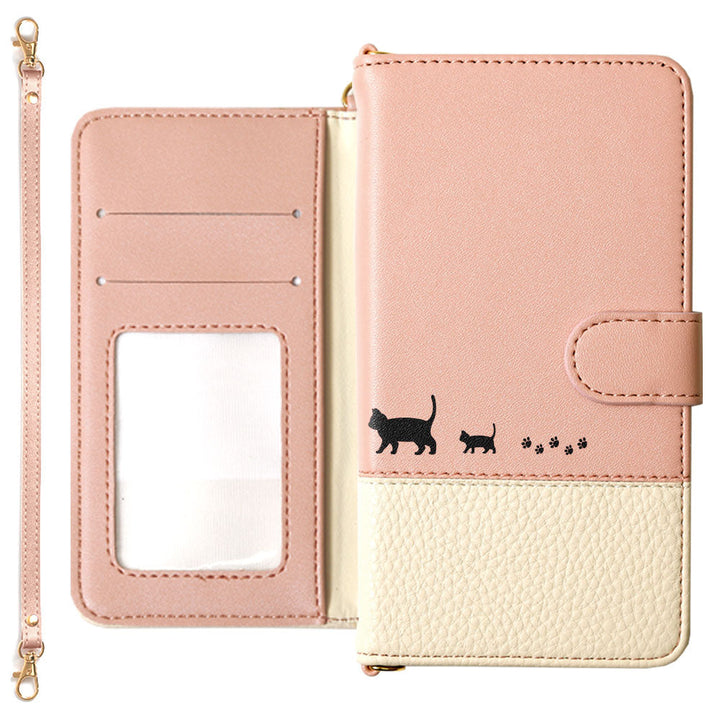Vegan leather bicolor strap-attached printed cat wallet case (with belt) AQUOS series