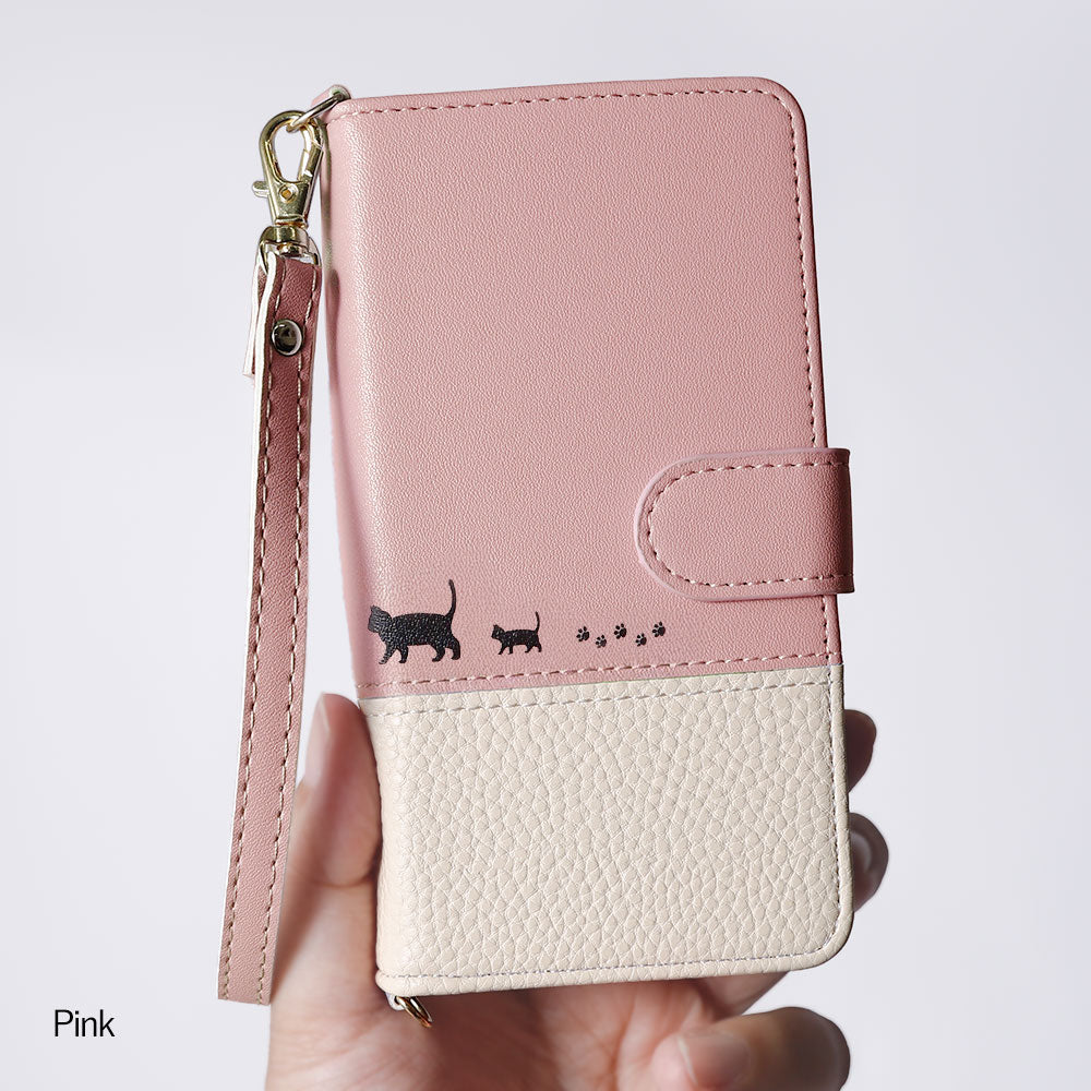Vegan Leather Bicolor Strap Attached Printed Cat Wallet Case (With Belt) Galaxy Series