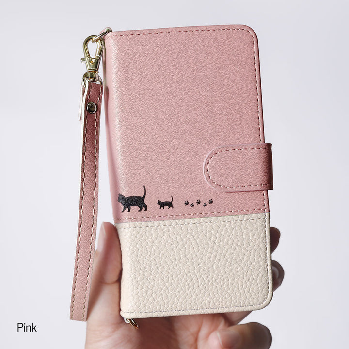 Vegan leather bicolor strap-attached printed cat wallet case (with belt) AQUOS series