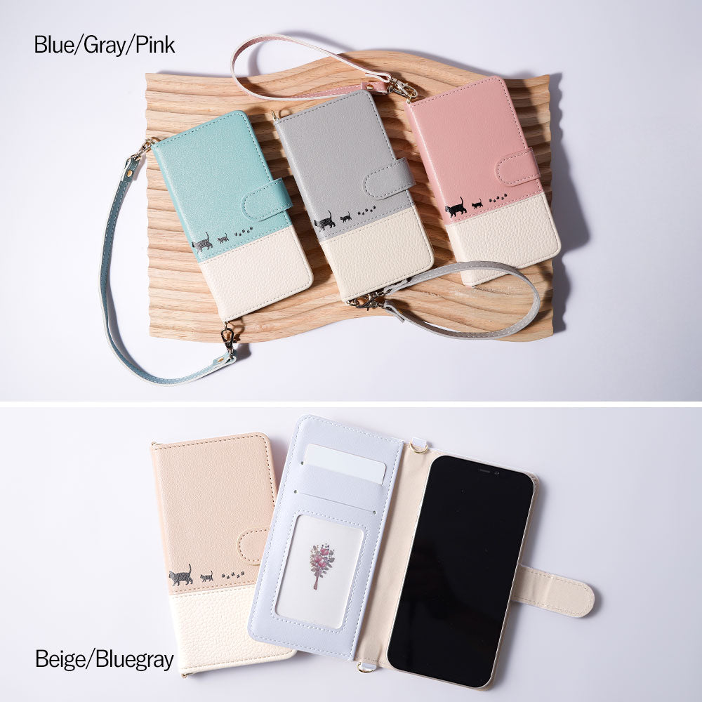 Étui portefeuille à imprimé chat avec sangle bicolore en cuir végan (avec ceinture) pour la série Xperia