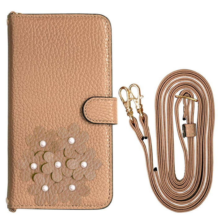 本革 32色 イタリアンシュリンクレザー あじさいモチーフ フラワーデコ ショルダーストラップ付き 手帳型ケース（ベルトあり）