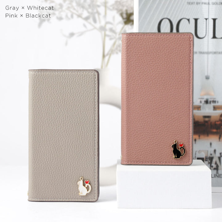 Vegan leather smoky color heart cat deco notebook-style case Galaxy series