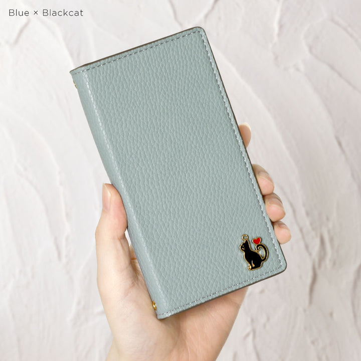 ヴィーガンレザー スモーキーカラー ハートキャットデコ 手帳型ケース