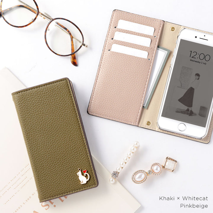 ヴィーガンレザー スモーキーカラー ハートキャットデコ 手帳型ケース