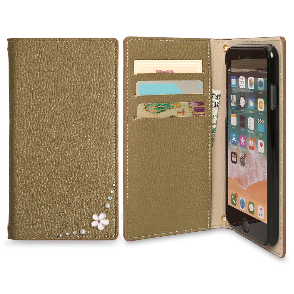 Étui portefeuille à fleurs latérales couleur fumée en cuir végan pour la série iPhone