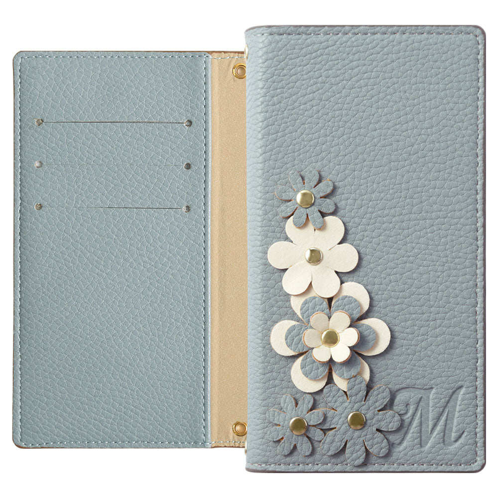 Étui portefeuille à motif floral initial en cuir végan couleur fumée