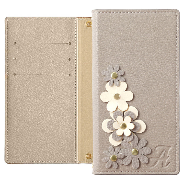 Étui portefeuille à motif floral initial en cuir végan couleur fumée pour la série iPhone