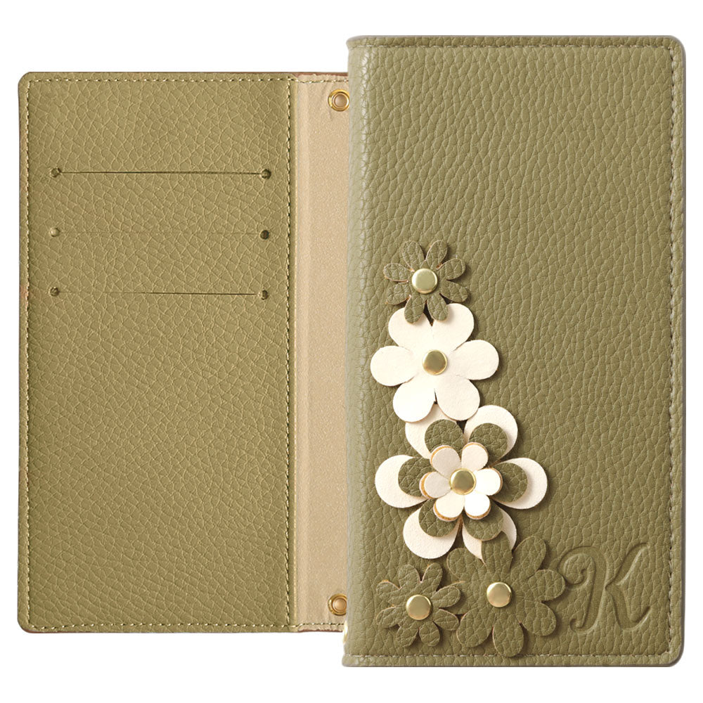Étui portefeuille à motif floral initial en cuir végan couleur fumée pour la série iPhone