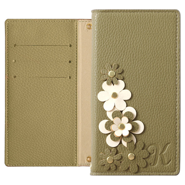 Étui portefeuille à motif floral initial en cuir végan couleur fumée pour la série iPhone