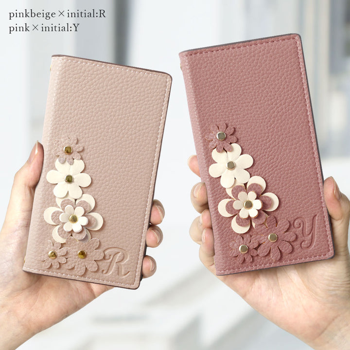 Étui portefeuille à motif floral initial en cuir végan couleur fumée