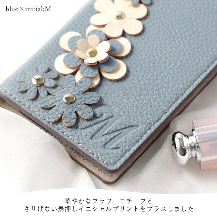 Étui portefeuille à motif floral initial en cuir végan couleur fumée pour la série iPhone