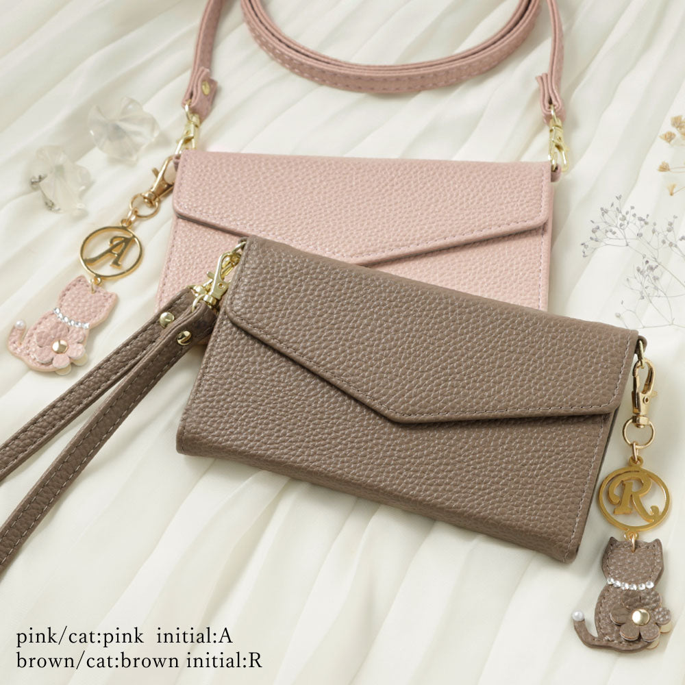 Vegan leather tri-fold dusty color strap & cat flower initial charm attached notebook-style case for iPhone series