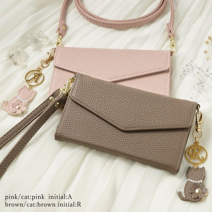 Vegan leather tri-fold dusty color strap & cat flower initial charm attached notebook-style case for iPhone series