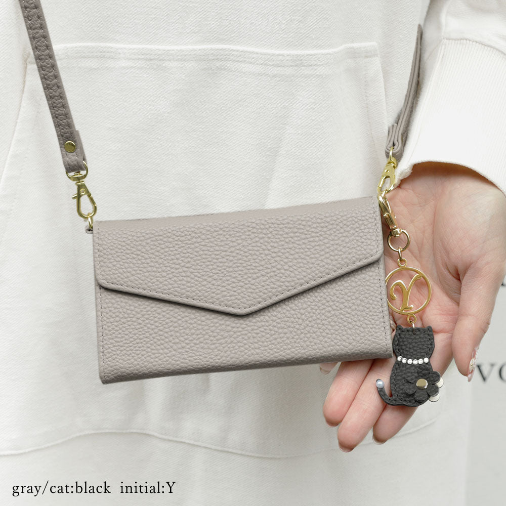 Vegan leather tri-fold dusty color strap & cat flower initial charm attached notebook-style case for Google Pixel series