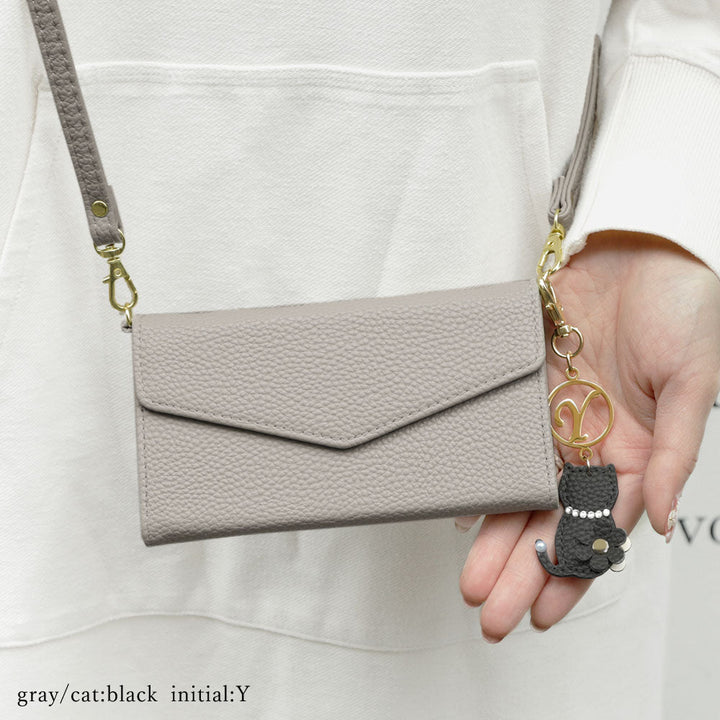 Vegan leather tri-fold dusty color strap & cat flower initial charm attached notebook-style case for Google Pixel series