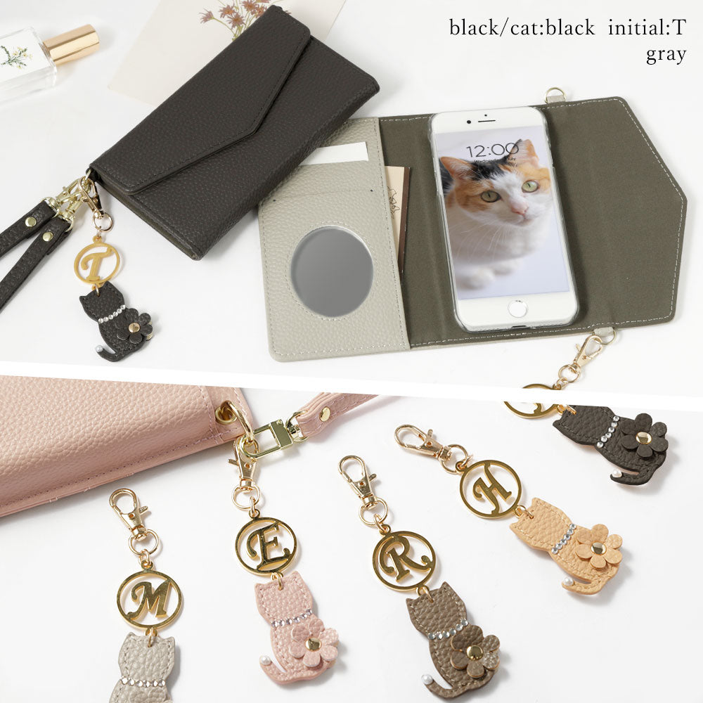 Vegan leather tri-fold dusty color strap & cat flower initial charm attached notebook-style case AQUOS series