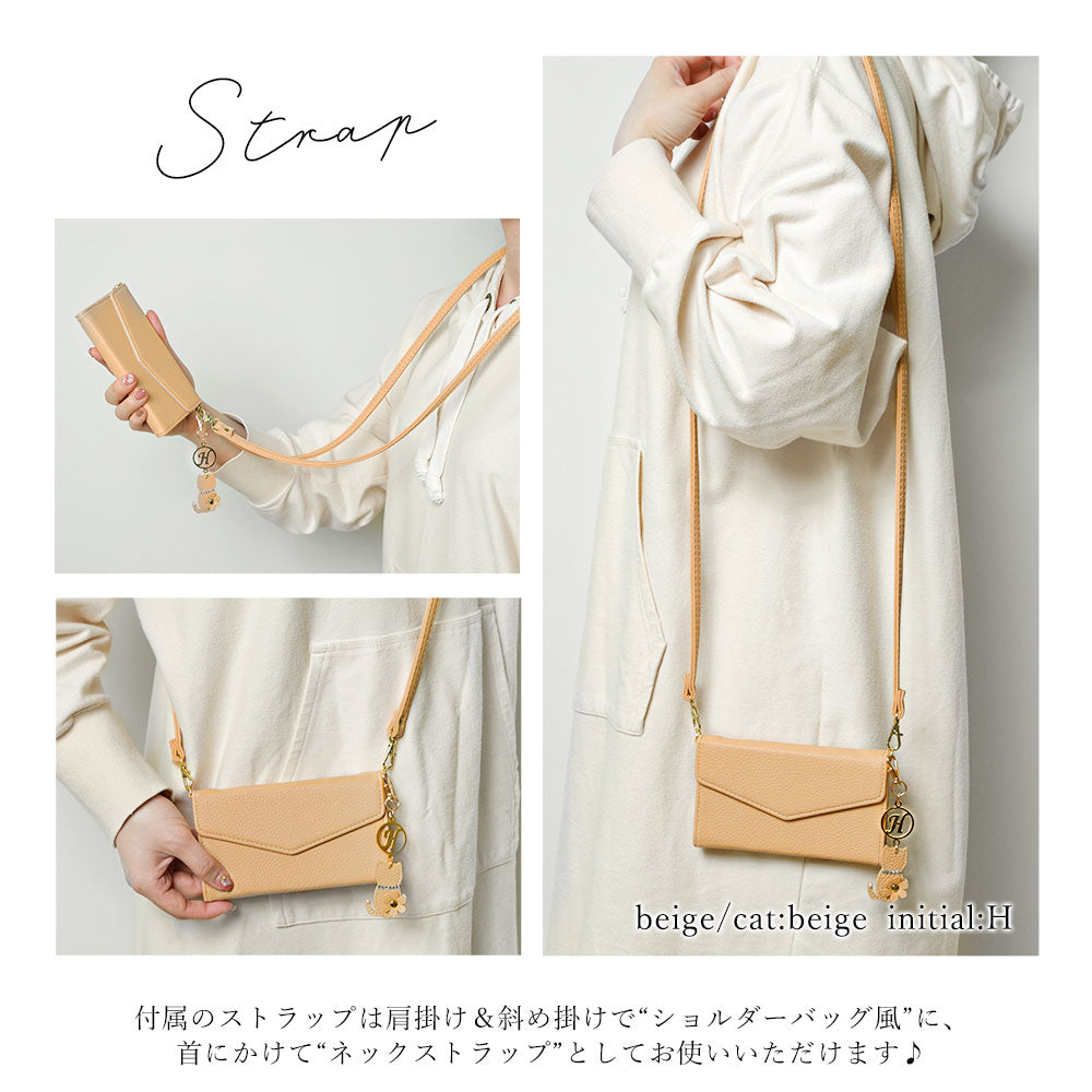 Vegan leather tri-fold dusty color strap & cat flower initial charm attached notebook-style case for iPhone series