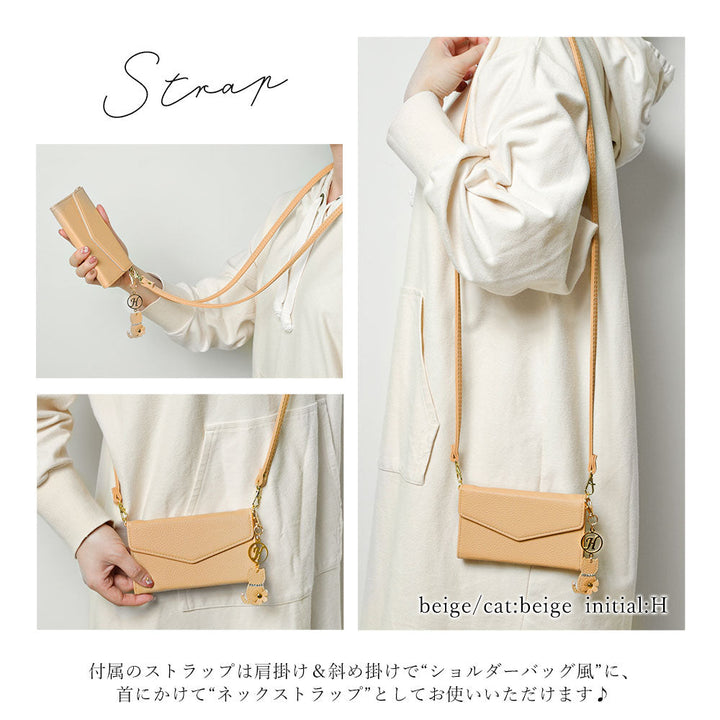 Vegan leather tri-fold dusty color strap & cat flower initial charm attached notebook-style case AQUOS series