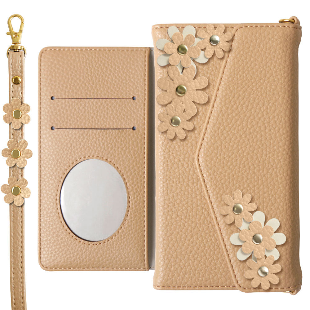 Étui portefeuille à rabat triple en cuir végan couleur poussiéreuse avec motif floral et sangle pour la série iPhone