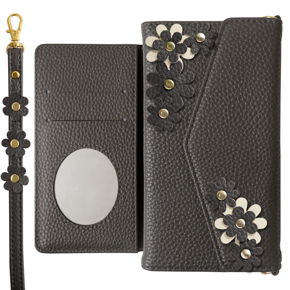 Vegan leather tri-fold dusty color flower motif strap-attached notebook-style case for Xperia series