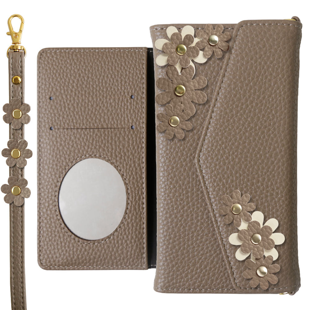 Étui portefeuille à rabat triple en cuir végan couleur poussiéreuse avec motif floral et sangle pour la série iPhone